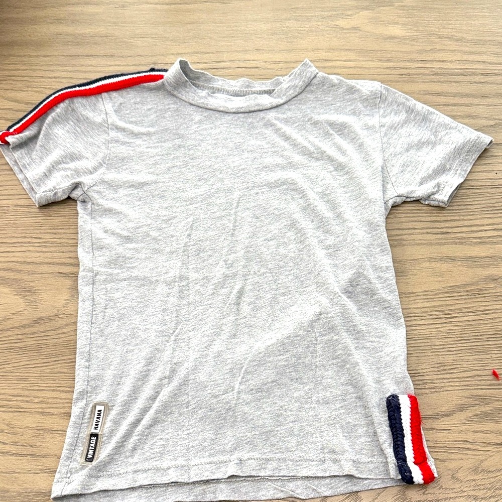 Boys (sz S) Vintage Havana Gray Tee with Red, White and Navy Textured Stripes